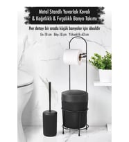 Metal Standlı Yuvarlak Kovalı & Kağıtlıklı & Fırçalıklı Siyah Banyo Takımı