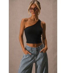 Kadın Tek Omuz Crop Atlet Esnek Slim Fit Süprem Kumaş Asimetrik Yaka Bluz