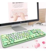 Renkli Daktilo Tarzı Vintage Mekanik Klavye Mouse PC Laptop Uyumlu Kablosuz (Yeşil)
