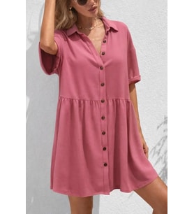 Kadın Kısa Kollu Yakalı önden Düğmeli Kısa Bürümcük Elbise (Pembe)