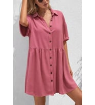 Kadın Kısa Kollu Yakalı önden Düğmeli Kısa Bürümcük Elbise (Pembe)