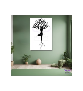 Tekli Dikey Kanvas Salon Ve Ofis Tablosu Hayat Ağacı Ve Meditasyon Yapan Kadın