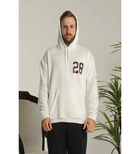 Erkek Sırt Baskılı Oversize Üç İplik Kapüşonlu Sweatshirt - Beyaz