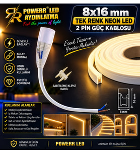 8x16 mm Tek Renk Neon Led Güç Kablosu 2 Pin