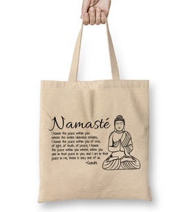 Yoga Namaste Yazı Meditasyon 01 Bez Çanta Uzun Saplı