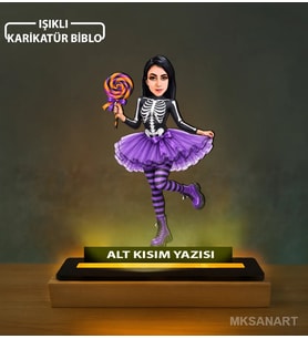 Kişiye Özel Mor Tütülü Şekerli İskelet Karikatürlü 14 cm MDF Işıklı Biblo - Kişiye Özel Hediye