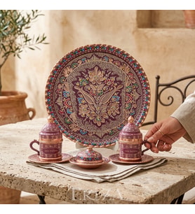 Kişiselleştirilebilir Geometrik Desen Bakır Kahve seti İsim & Logo İşlemeli