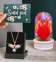 Renkli Led Işıklı Fanus ve Renkli Zümrüdü Anka Kuşu Kolye (Model 6)