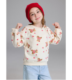LCW Kids Ekru Bisiklet Yaka Baskılı Kız Çocuk Kalın Sweatshirt