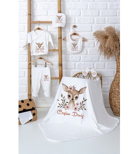 Pia Baby Premium Kişiye Özel Battaniye ve 5 Parça Zıbın Kız Bebek Hediyesi 5034-04 (Ekru)