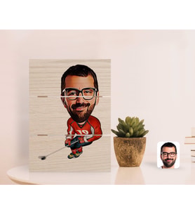 BK Gift Kişiye Özel Hokeyci Karikatürlü Otantik Masaüstü Ahşap Palet Çerçeve-1 (Beyaz)