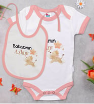 BK Kids Babasının Aslanı Tasarımlı Pembe Bebek Body Zıbın ve Mama Önlüğü Hediye Seti-1