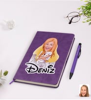 BK Gift Kişiye Özel Kadın Mimar Karikatürlü Mor Termo Deri Defter Kalem Seti Model 1