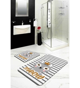Gri Kedili Desen Banyo Halısı Klozet 2'li Paspas Seti BS259