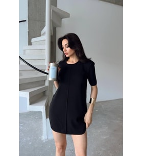 Nare Siyah Triko Kısa Kollu Süper Mini Elbise (Siyah)