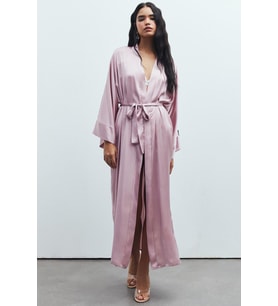 Frappant Gül Kurusu Uzun Saten Sabahlık / Kimono