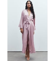 Frappant Gül Kurusu Uzun Saten Sabahlık / Kimono