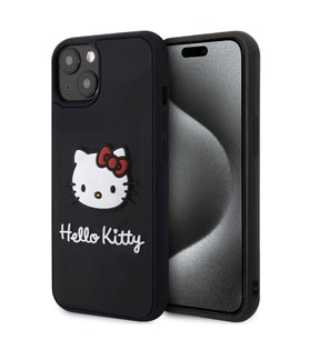 Apple iPhone 15 Uyumlu Kılıf Hello Kitty Orjinal Lisanslı Yazı ve İkonik Logolu 3D Rubber Kitty Head Kapak (Siyah)