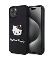 Apple iPhone 15 Uyumlu Kılıf Hello Kitty Orjinal Lisanslı Yazı ve İkonik Logolu 3D Rubber Kitty Head Kapak (Siyah)