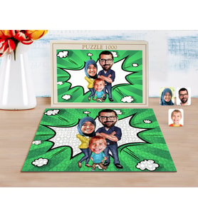 BK Gift Kişiye Özel Tesettürlü Aile Karikatürlü 1000 Parça Profesyonel Puzzle-1