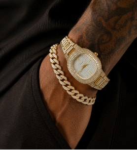 Iced Out Kol Saati Ve Küba Zincir Bileklik Seti