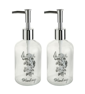 2 ADET CAM SIVI SABUNLUK,ÇİÇEKLİ 300ML BANYO SETİ  7,6X15,5CM