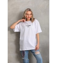 Kadın Kısa Kol Yazlık Tişört Bisiklet Yaka Baskılı Oversize T-Shirt - Beyaz