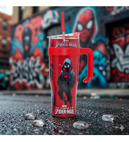 Spider-Man Pipetli Çelik Termos 1200ml - Miles Morales Tasarımlı Sızdırmaz Dev Boy Mug Kupa Matara (Sarı-Kırmızı-Turuncu)