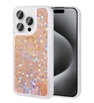 iPhone 15 Pro Max Kılıf Sıvılı Simli Pullu Yüzüklü Standlı Lüx Silikon (Gold)