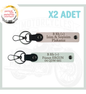 Pudra-Beyaz, Motor Tutkunlarına, İsim Plaka ve B Rh (+) Yazılı Özel Üretim Deri 2'li Anahtarlık Set