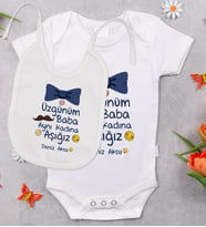 BK Kids Kişiye Özel Aynı Kadına Aşığız Tasarımlı Bebek Body Zıbın ve Mama Önlüğü Hediye Seti - Model 1