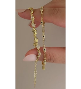 Hamsa Fatma eli Ay Yıldız Nazar 2 li Bileklik 925 Ayar (Gold)
