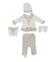 Kız Bebek Ekru Fitilli Leopar Desenli 5'li Hastane Çıkış Seti (Standart)