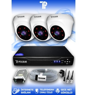 PICAM 3 Kameralı Dome 3 İç Kamera Set HDD'siz Full HD Gece Görüşlü Güvenlik Kamerası Sistemi