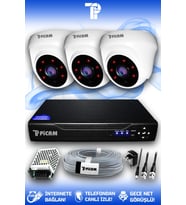 PICAM 3 Kameralı Dome 3 İç Kamera Set HDD'siz Full HD Gece Görüşlü Güvenlik Kamerası Sistemi