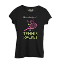 Tenis - Kız Pembe Raket Siyah Kadın Tshirt