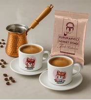 BK Gift Karıcım-Kocacım Tasarımlı 2'li Türk Kahvesi Fincanı & Bakır Cezve & Türk Kahvesi Seti-8, Arkadaş Hediye, Sevgiliye Hediye