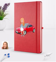 BK Gift Kişiye Özel Plakalı Kadın Volkswagen Beetle Karikatürlü Kırmızı Termo Deri Defter 16x24cm Model 1