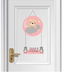 İsme Özel Ayıcık Tasarımlı Bebek/Çocuk Ahşap Kapı Süsü(Pembe)