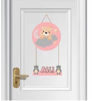 İsme Özel Ayıcık Tasarımlı Bebek/Çocuk Ahşap Kapı Süsü(Pembe)