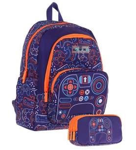 Kaukko Kids (L5281+L8281) Üç Gözlü Erkek Çocuk Okul Çantası ve Kalem Çantası Seti - Turuncu Lacivert - Oyun Baskılı