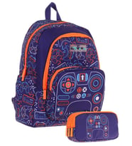 Kaukko Kids (L5281+L8281) Üç Gözlü Erkek Çocuk Okul Çantası ve Kalem Çantası Seti - Turuncu Lacivert - Oyun Baskılı