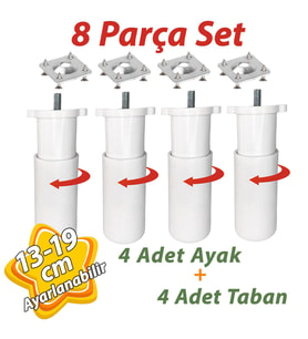 4 Adet Destek Ayağı 13-19 cm Beyaz ve 4 Adet  Metal Düz Ayak Tabanı M8 Civatalı İnce Diş Mobilya Kanepe Baza Koltuk Seti