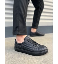 JY166 Prestige Bağcıklı Cilt Kapitone Desenli Erkek Günlük Sneaker Ayakkabı CST - Siyah