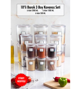 18'li Barok Yuvarlak 3 Boy Kavanoz Seti & Saklama Kabı & Erzak Kabı (6*2000 ML, 6*1000 ML ,6*500 ML)