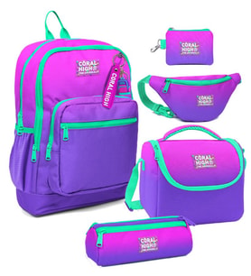 Coral High Kız Çocuk Pembe Mor Renk Geçişli Desenli Beşli İlkokul Okul Çanta Seti (Çok Renkli)