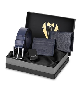 Polo Air Erkek Damat Seti %100 Hakiki Deri Cüzdan Kartlık Kemer Çakmak Kombin Lacivert Renk C-DM-8002-L (Lacivert)