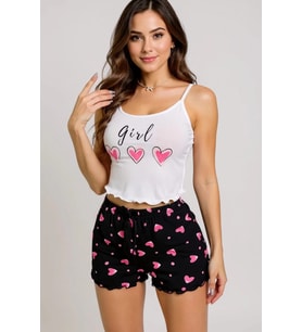 Kalp Desenli Askılı Şortlu Pijama