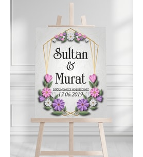 Söz Nişan Düğün İçin 50x70 Karşılama Panosu - Pastel Renkleri Çiçek Temalı 03