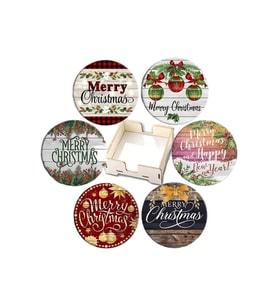 BİLGE tasarım Noel Yılbaşı Ahşap Bardak Altlığı - 6 lı set Set AHŞAP ÖZEL TASARIM KUTULU